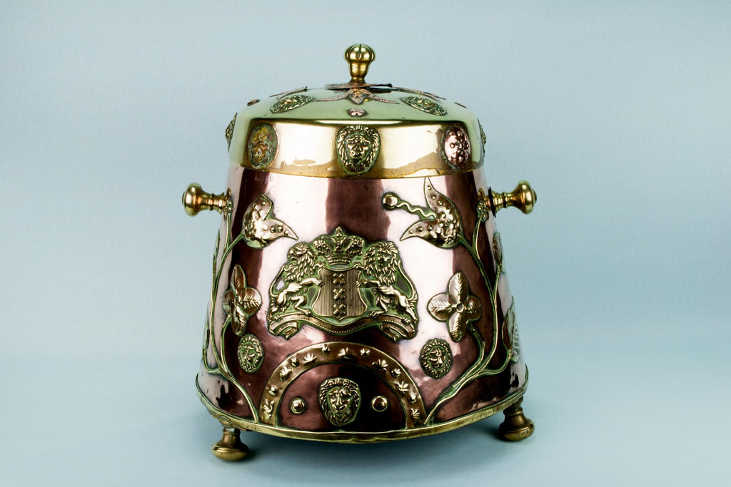 Copper Fireplace Bucket with Tulips, Dutch 19th Century